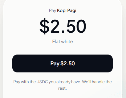 The QPay checkout screen showing Kopi Pagi, $2.50, and a single Pay button